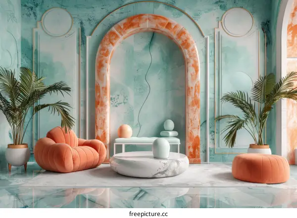 Turquoise and Coral Living Room Interior