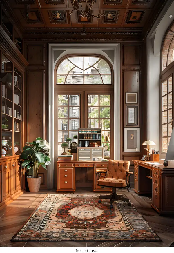 Luxurious home office with wood paneling and large windows