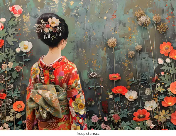 A woman wearing a red kimono standing in a field of flowers