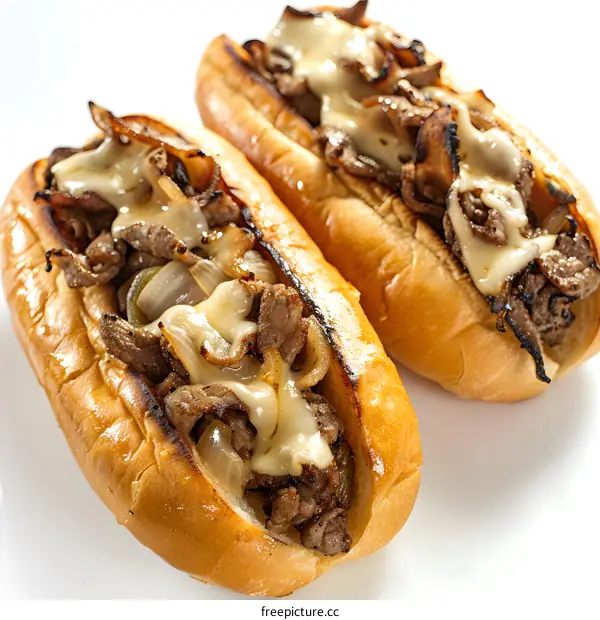 Two cheesesteaks on a white background