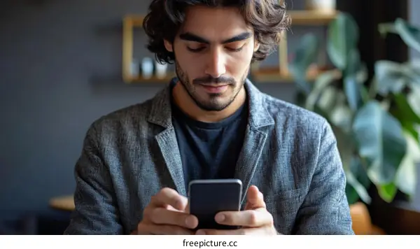 Focused Young Man Using Smartphone in Cafe