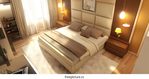 Bedroom Design with Beige Walls and Wooden Floor