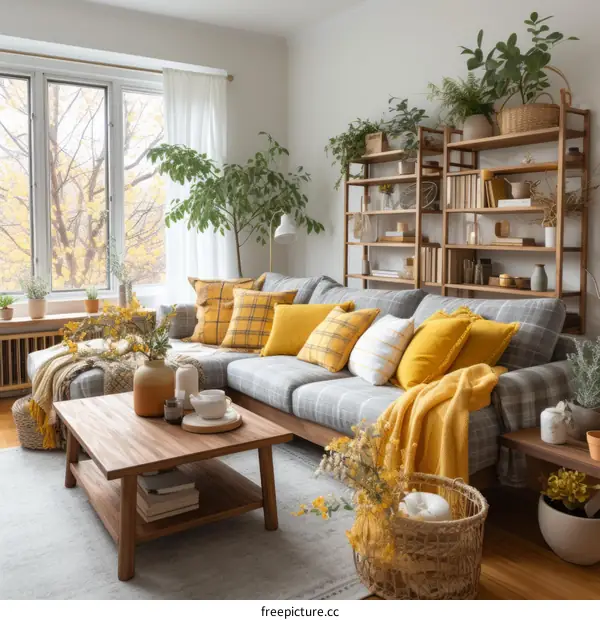 A cozy living room with a gray couch, yellow pillows, and a wooden coffee table