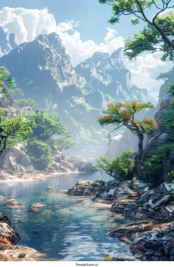 Fantasy landscape with mountains and river