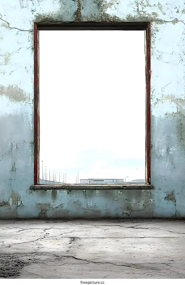 Old Building Window with Cracked Concrete Floor and View
