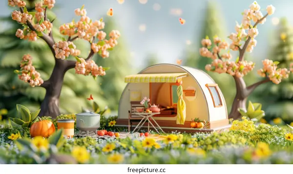 Tranquil Camping Scene with Tent, Picnic Table, and Flowers