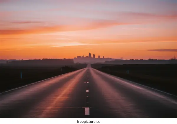A scenic road stretching into the distance under a colorful sunrise