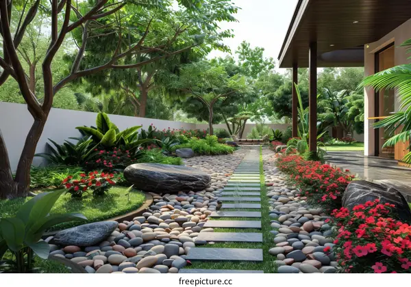 Modern Asian Garden Design with Stepping Stones and Tropical Plants