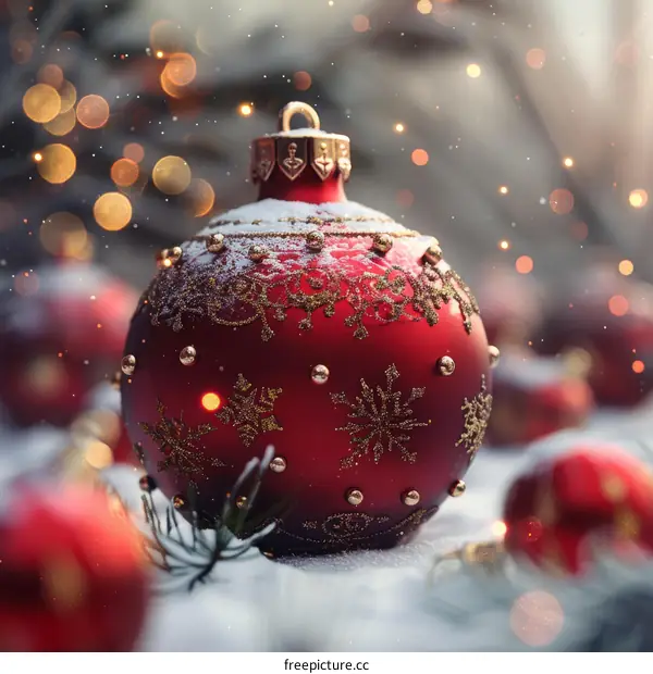 Gold and Red Christmas Bauble with Snowflakes