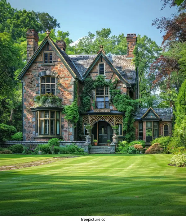Tudor Revival House with Stone Walls and Green Lawn