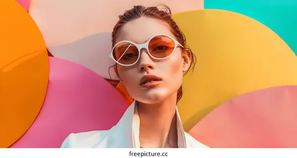 Woman in White Jacket and Sunglasses Posing Against Colorful Background