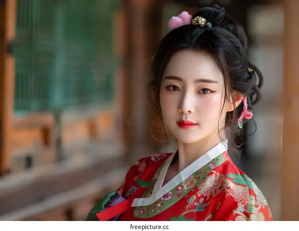 Korean Woman in Traditional Hanbok Dress Posing for Portrait