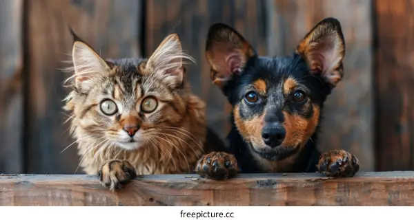 A cat and a dog are sitting on a wooden fence and looking at the camera