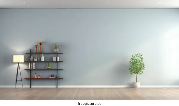 Blue wall living room interior with a plant and a shelf