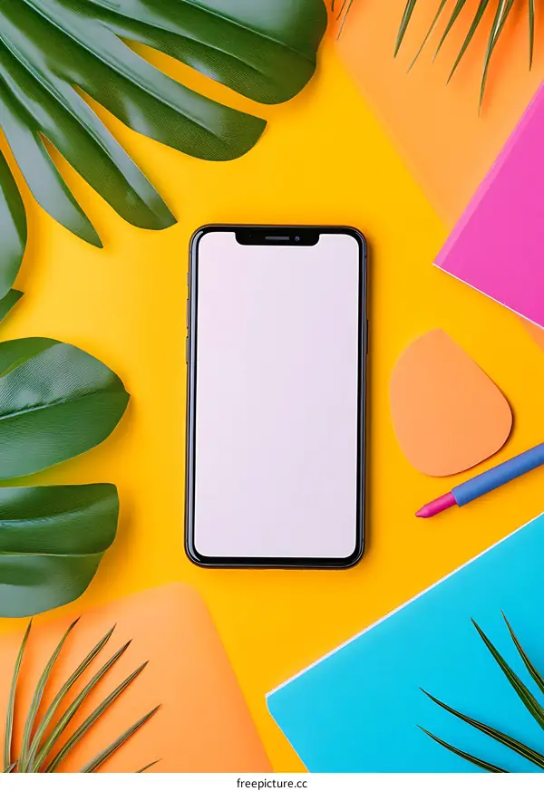 Flat Lay of Smartphone with Tropical Leaves and Colorful Papers on Yellow Background