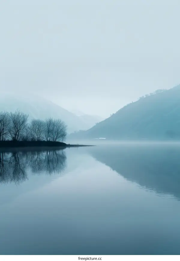 Misty Mountains in Distance Over Serene Lake