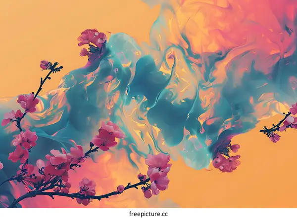 Abstract Art with Pink Flowers and Blue Swirls