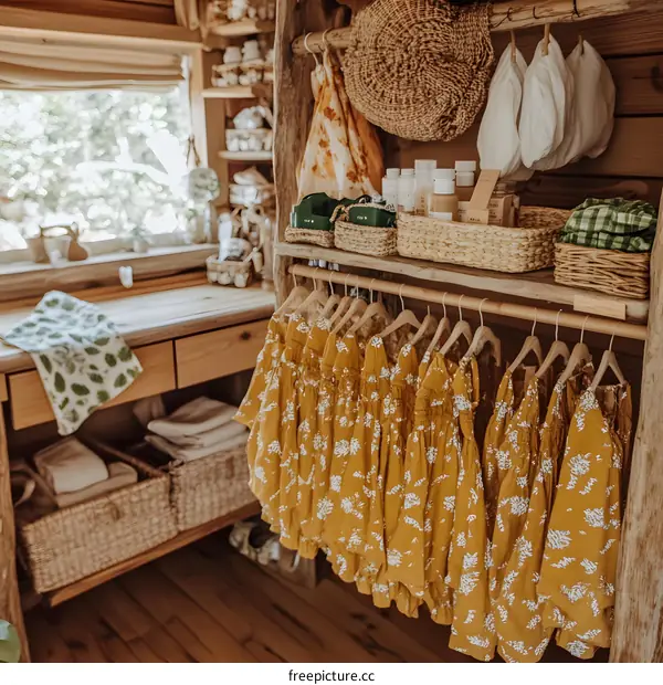 Yellow Floral Dresses Hanging On Wooden Rack In Rustic Store