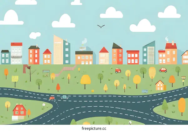 Cute Cartoon Illustration of a Cityscape with Houses and Trees