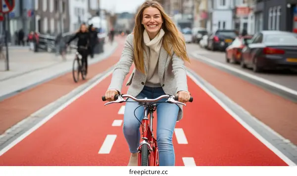 Woman Riding Bicycle on City Bike Lane
