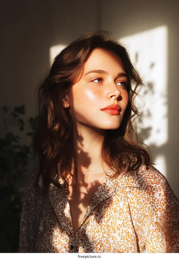 Portrait of young woman with wavy hair in natural light