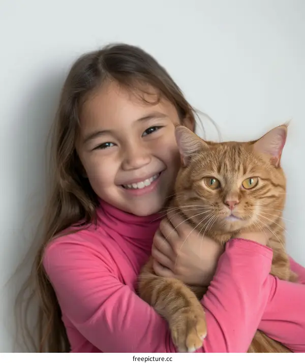 Little girl hugging a ginger cat
