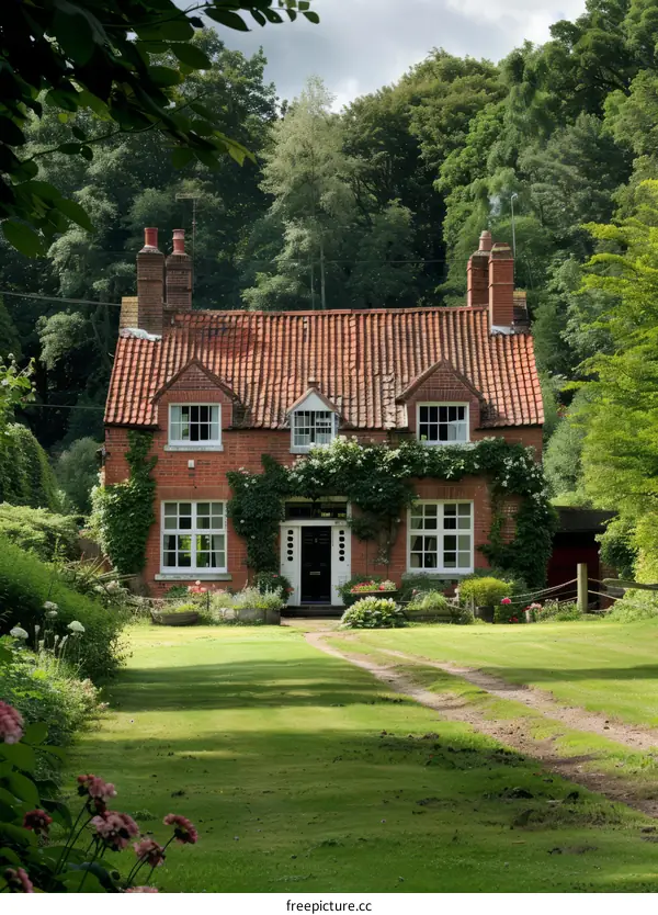English Cottage with Red Brick and White Windows in the Countryside