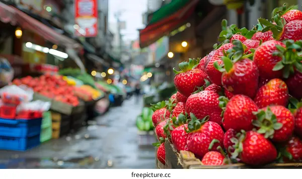 Fresh Red Strawberries On Sale In A Busy Market