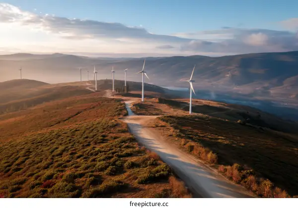 Wind Turbines on a Hillside at Sunrise