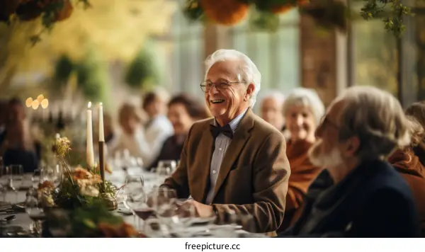 An elderly man is sitting at a table and smiling.