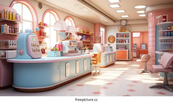 Retro Grocery Store Interior with Pink, Blue and White Accents