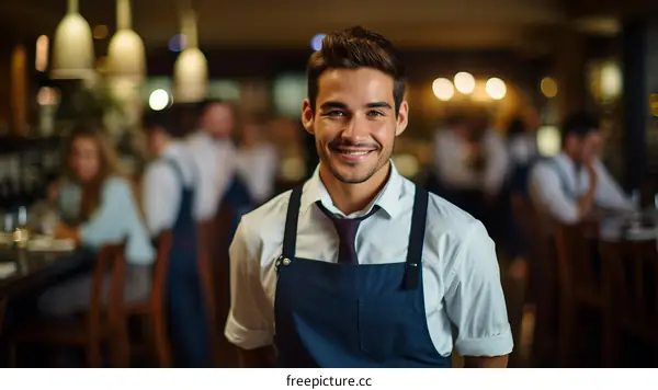 Portrait of a waiter in a busy restaurant