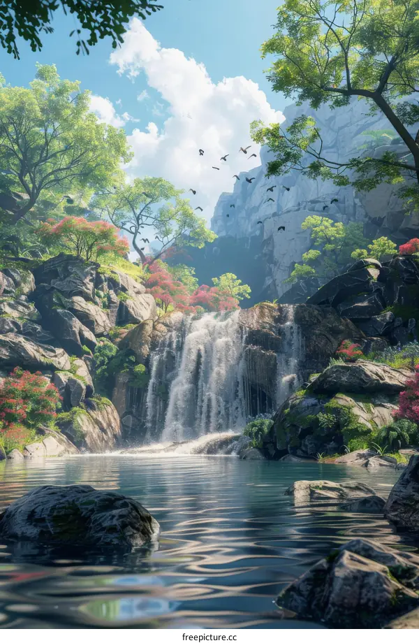 Enchanting Waterfall Landscape with Majestic Rocks and Trees