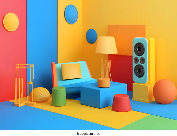 3D Abstract Colorful Room Interior Design with Furniture and Speaker