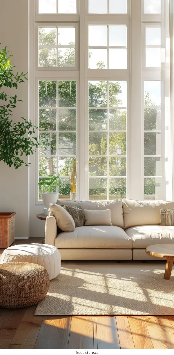Modern Living Room Interior Design with Large Windows and Natural Light