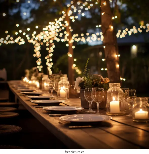 Outdoor candlelit dinner party with candles and string lights