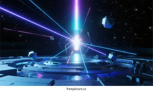 Futuristic Space Station with Laser Beams and Floating Asteroids
