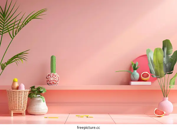 Pink Minimalist Room with Plants and Fruit