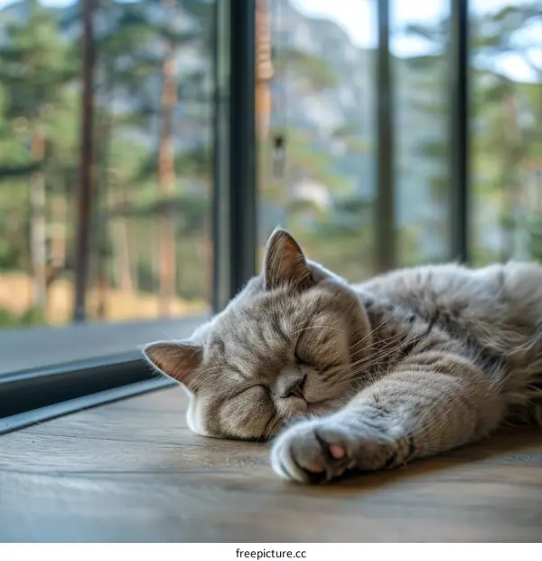 Gray Cat Sleeping on Wooden Floor by Window