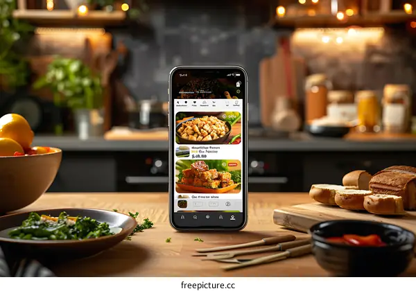 Smartphone Screen Showing Food Delivery App In Kitchen