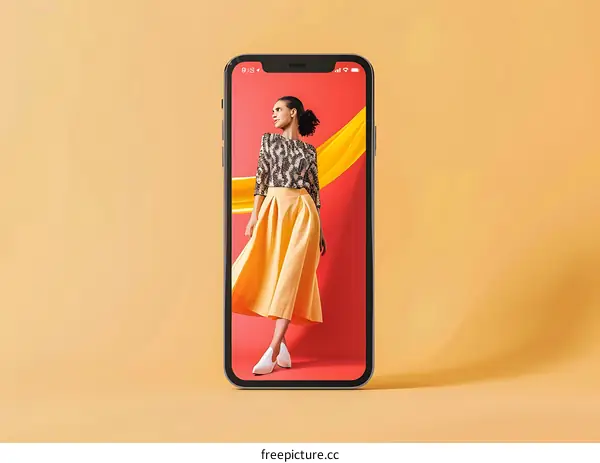 Woman in Yellow Skirt and Blouse with Yellow Fabric on Smartphone Screen