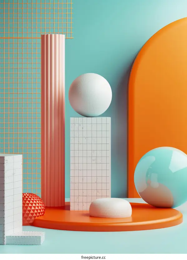 3D rendering of geometric shapes with a grid background