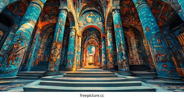 Colorful Interior of a Historic Church with Painted Columns