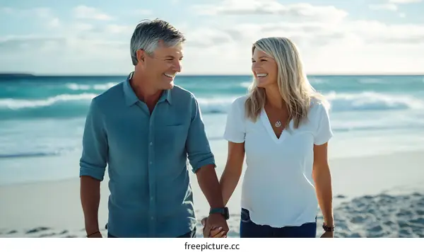 Couple Walking on a Beach and Holding Hands