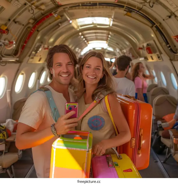 A young couple standing in an airplane aisle, smiling and holding their luggage.
