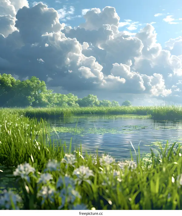 The lake and sky are full of green grass