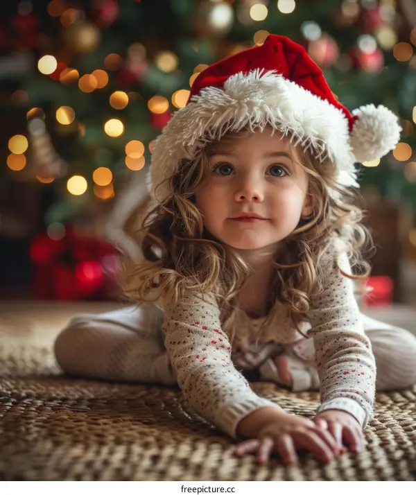 Little girl with curly hair wearing a Santa hat