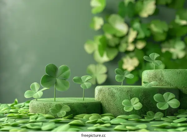Green podiums with clovers against blurred background