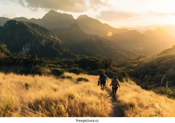 Hiking through the Golden Grasslands at Sunset