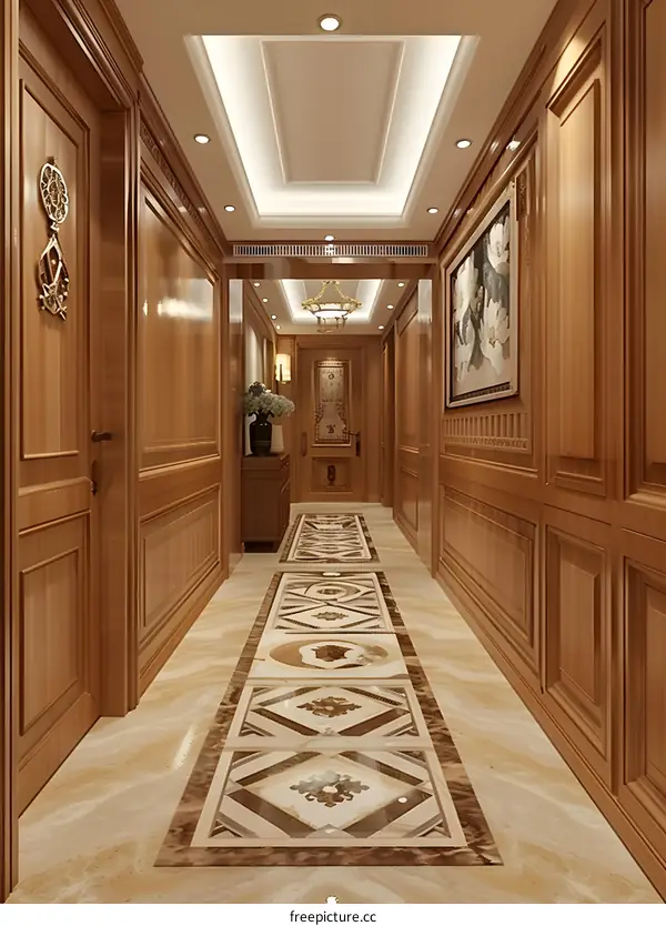 Elegant Hallway Interior Design With Wood Paneling and Patterned Tile Floor